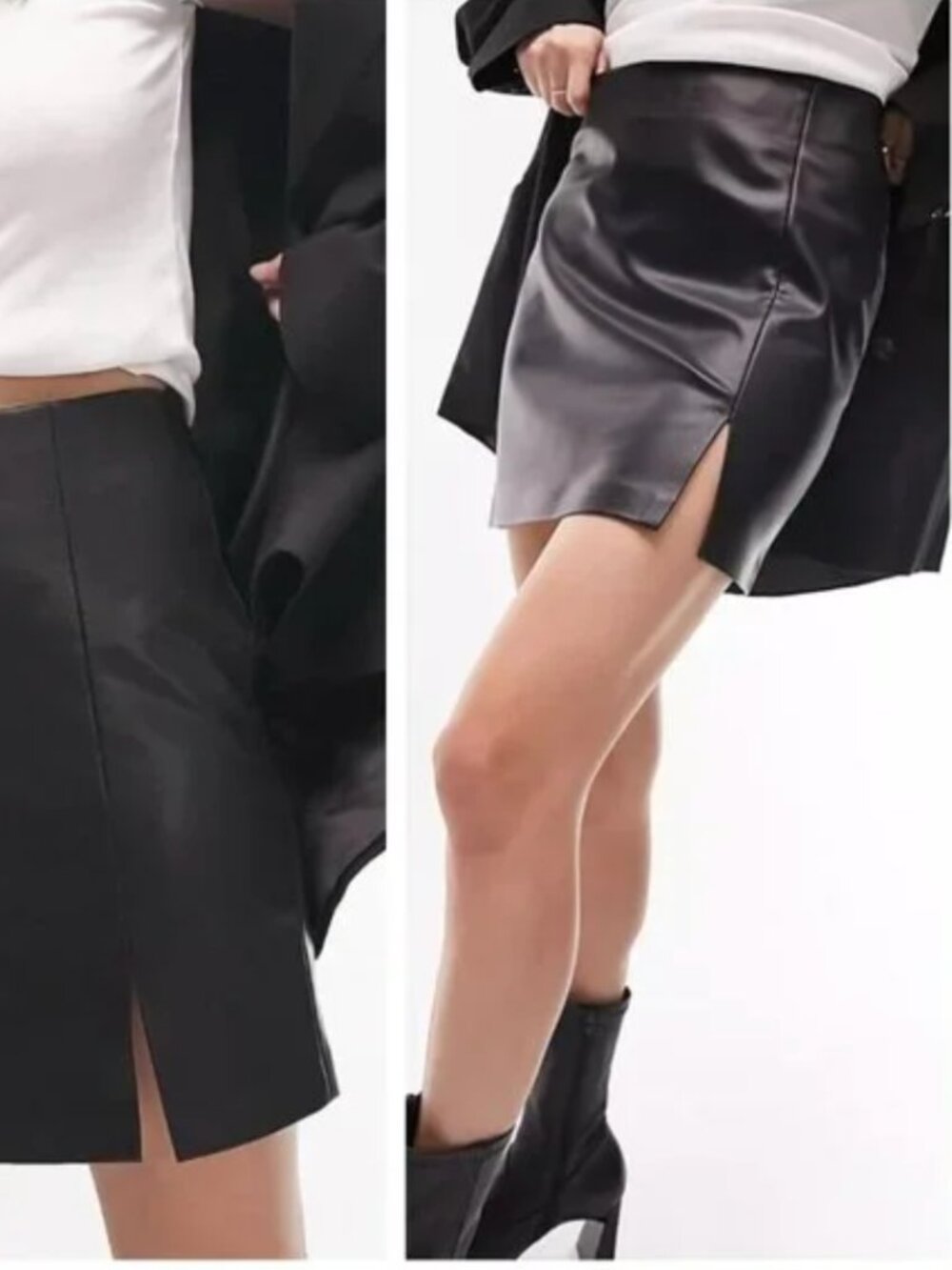 Topshop Black Faux Leather Split Hem High Waist Mini Skirt US 10
